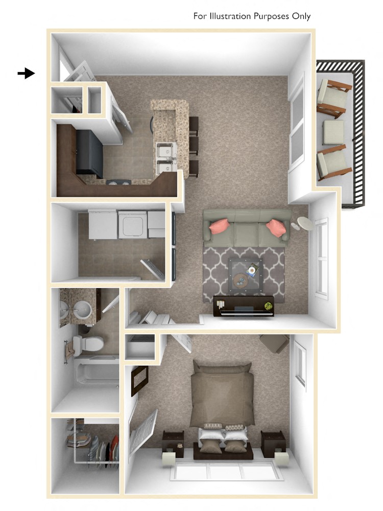 Floor plan for 1 bed, 1 bath, 728 sqft
